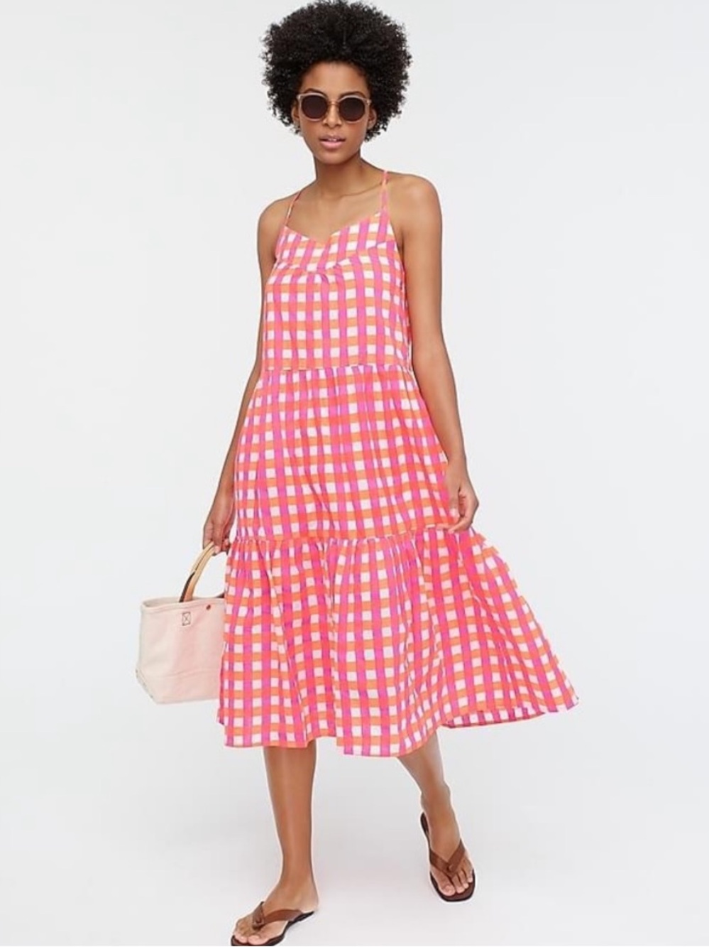 SZ Blockprints x J. Crew Gingham Print Tiered Maxi Dress Neon Pink Orange Medium